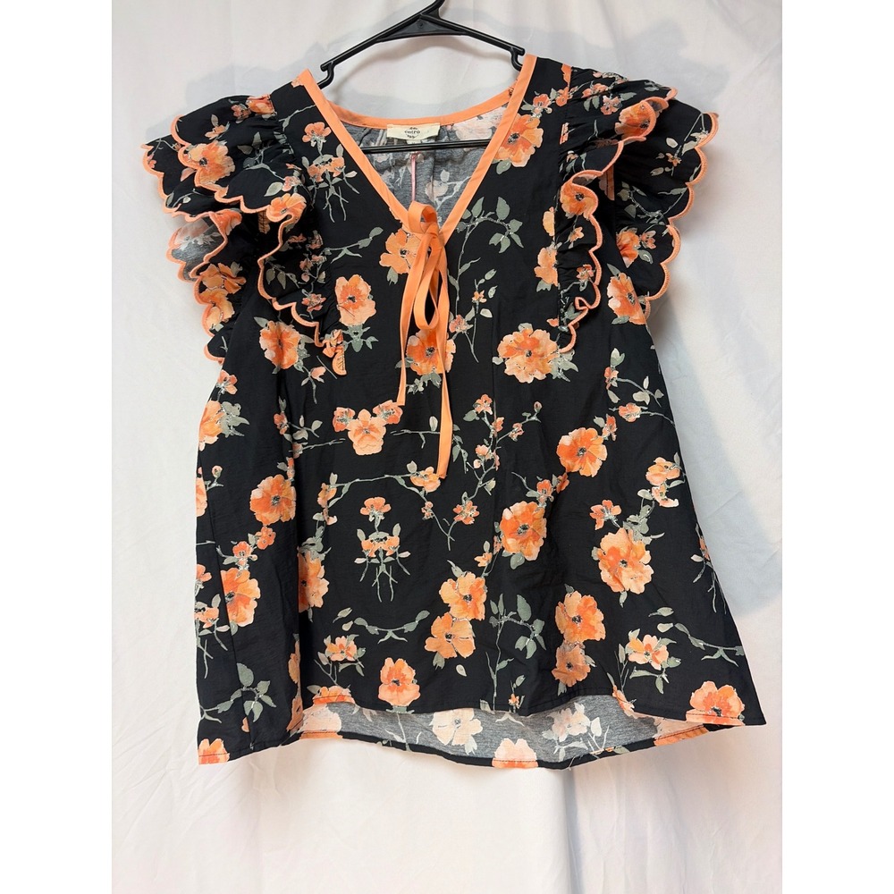 Entro Floral Flutter Sleeve V-Neck Tie Top Orange Scalloped Trim Medium NWT